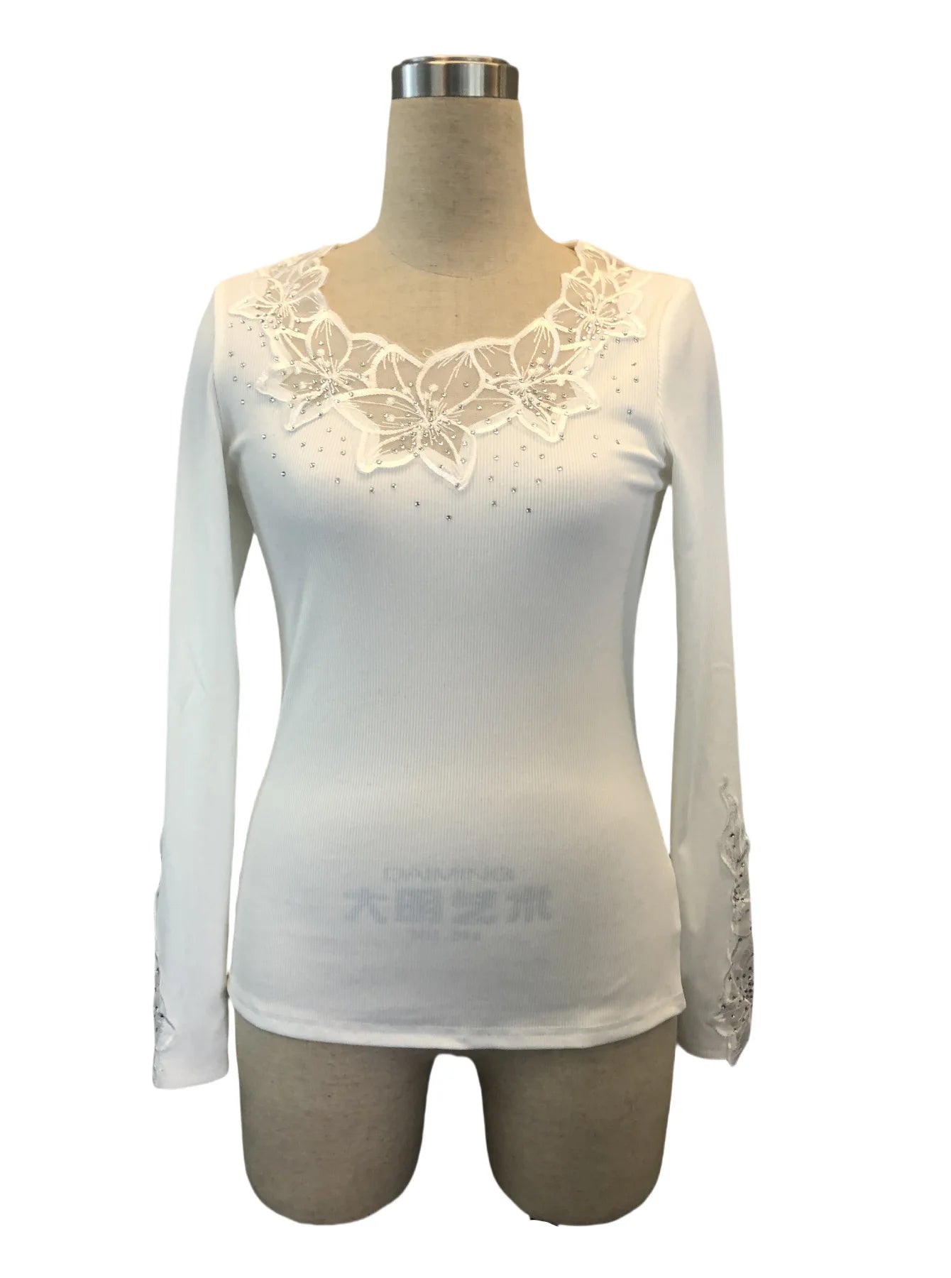 Women's T-Shirt Clothes New Solid Color Collar and Cuffs Splicing Lace Lace Rhinestone Long-sleeved T-shirt Tops Female