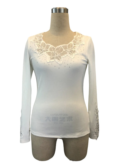 Women's T-Shirt Clothes New Solid Color Collar and Cuffs Splicing Lace Lace Rhinestone Long-sleeved T-shirt Tops Female