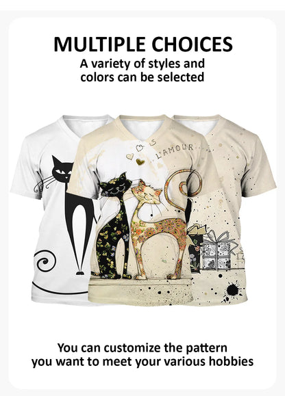T-shirt Cartoon Cat Print Summer Short Sleeve V-Neck Kawaii Fashion Casual Tee Shirts With Cat Funny Femininity Clothing