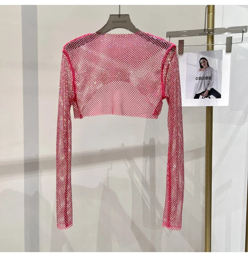 Bright diamond short top Slim thin Ms. hot drill long-sleeved T-shirt sexy leak waist nightclub