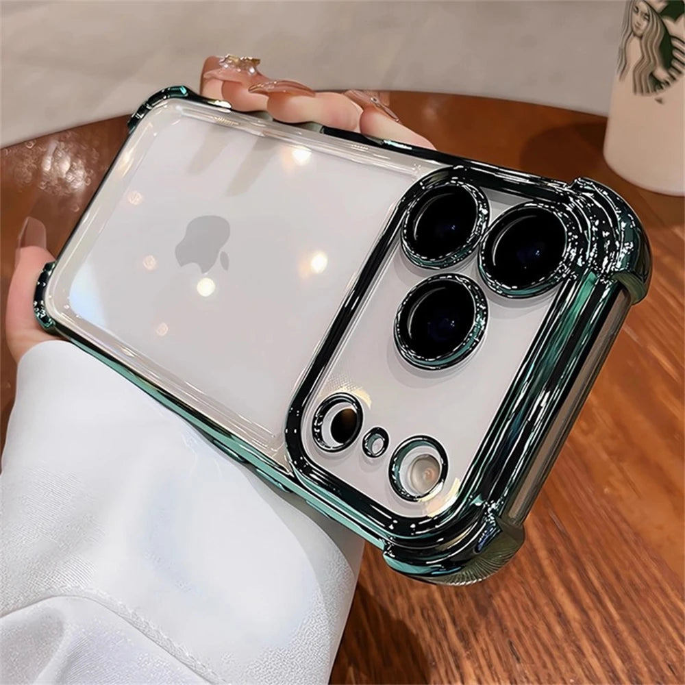 For iPhone 17 Pro Max 16 15 Plus 14 13 12 Transparent Electroplated Case Full Lens Protection Bumper Shockproof Plating Cover