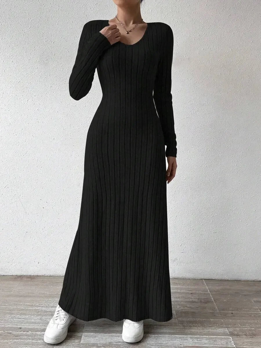 Knitted Long Sleeve A- Line Streetwear Dress For Women Smooths And Slims Your Silhouette Solid Color Long Dress