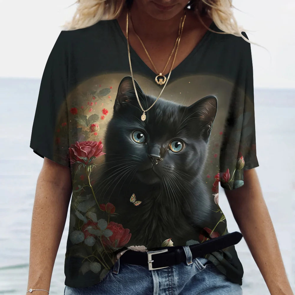T-shirt Kawaii Cat Print 3D T Shirt Top Girls Y2k Clothing Summer Short Sleeve Tees V-neck Casual Holiday Female T-shirt