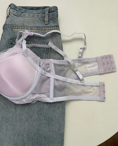 Lingerie Japanese Lace Bra Set, Heart Pendant Purple Lingerie Sexy & Pure Small Chest Push Up Bralette, Fashion Outerwear Design Enhancer