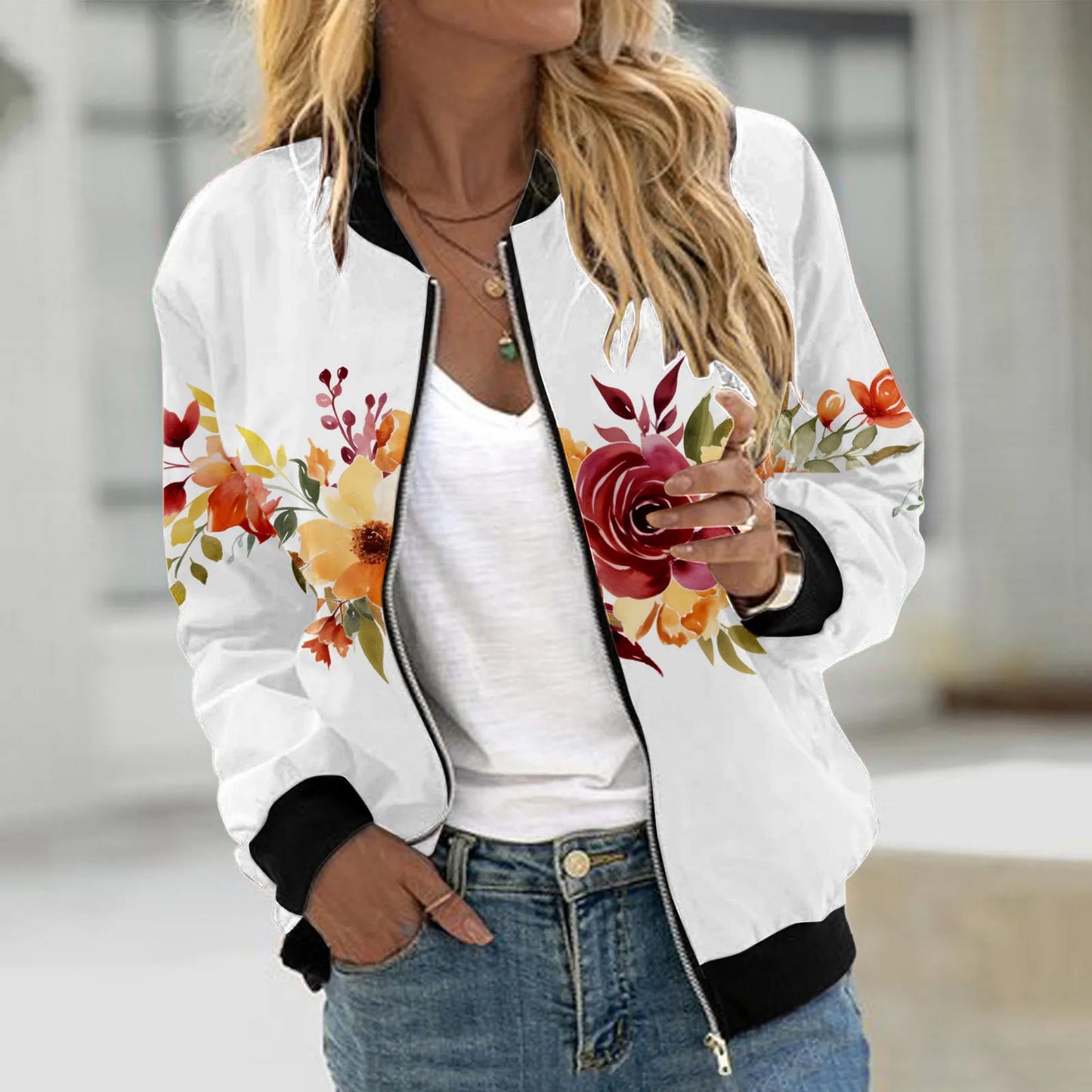 Autumn Bomber Jacket For Women Fashion Flower Print Outwear Stand Collar Zipper Baseball Coat Elegant Slim Basic Ladies Jackets