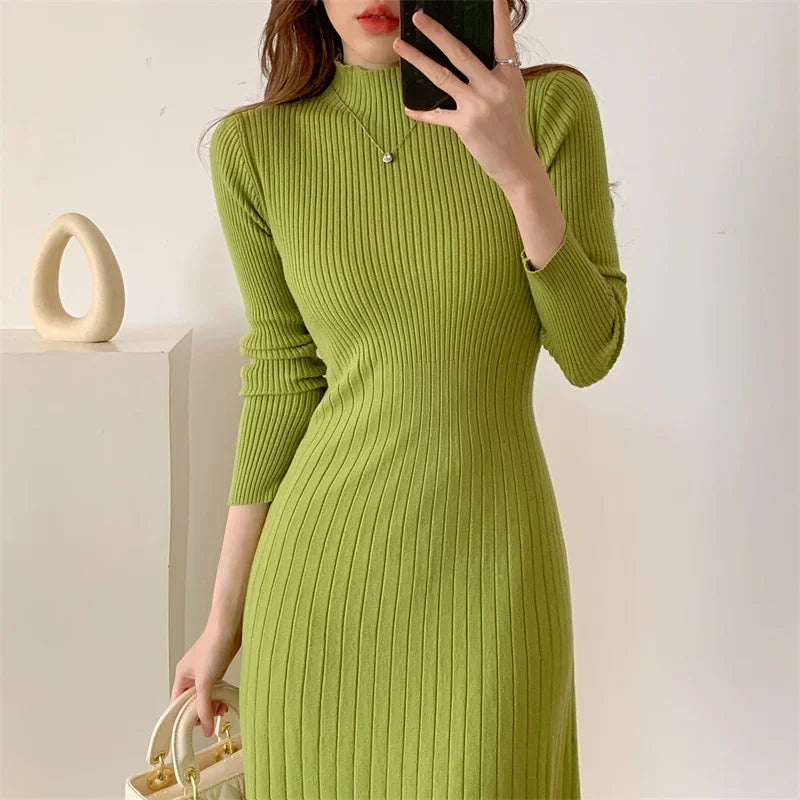 Slim Long Sleeve Party Midi Dress for Women Knitted Half High Collar Elegant Knitted Sweater Dresses Ladies