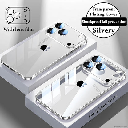 Plating Transparent with Lens Film Case for iPhone 17 Air 17 16 15 14 13 12 11 Pro Max Plus Anti-fall Damping Cover