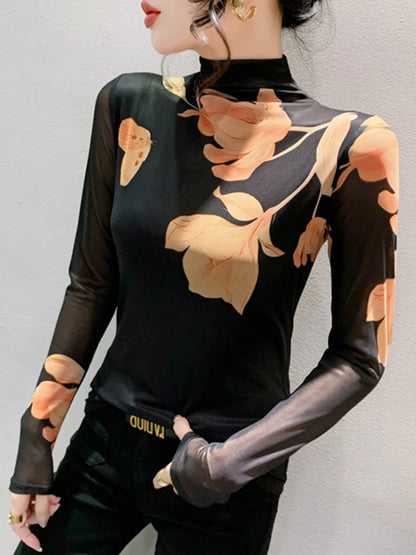 High Neck Long Sleeved Mesh Positioning Printed T-shirt Women Autumn Stretch Slim T Shirts Tops Female Base Tees HF8779