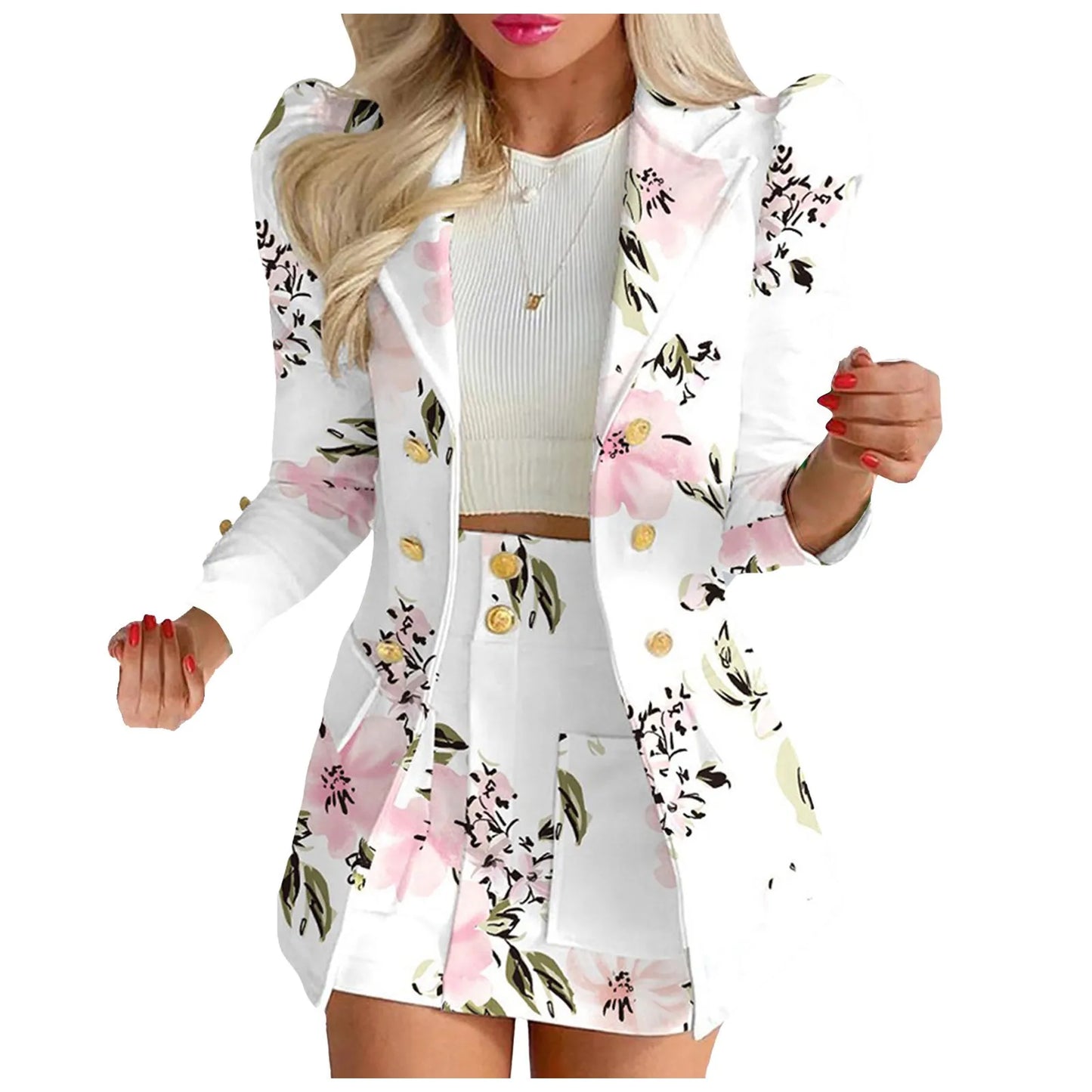 Long Sleeve Two Breasted Skirt Set Solid Color Jacket And Floral Skirt Two Piece Outfit Business Casual Elegant Sets