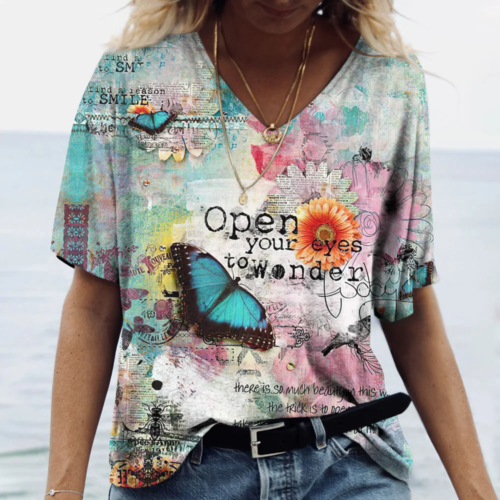 Summer Women's T-Shirt Vintage Casual Fashion V Neck Pullover Short Sleeve Butterfly Print Loose Daily Tops Design Clothing