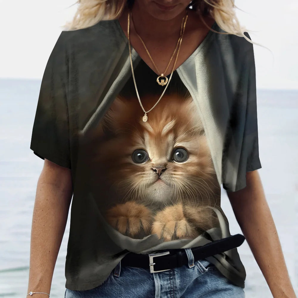 T-shirt Cat Print Short Sleeve Clothes Female Harajuku Tees Ladies T Shirt Oversized Tops Animal Women Clothing