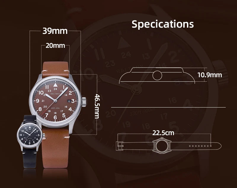 Baltany Men Quartz Field Watch S2082 10-Year Life Battery Luminous Leather Sapphire Stainless Steel Date Retro Military Watches