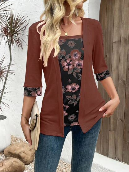 European,Clothes,Elastic,T-Shirt,Women,Chic,Sexy,Fake two pieces,Patchwork,Print,Tops,Half Sleeve,Loose,Tees,