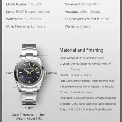 Hestur Luxury Men's Watch Automatic mechanical 36mm Miyoda 9015 15Bar Waterproof Vintage reloj hombre Sapphire Glass wrist Watch