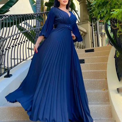 V-neck Flare Sleeve Big Swing Floor Length Maxi Long Dresses  Women Autumn Winter Party Prom Dress