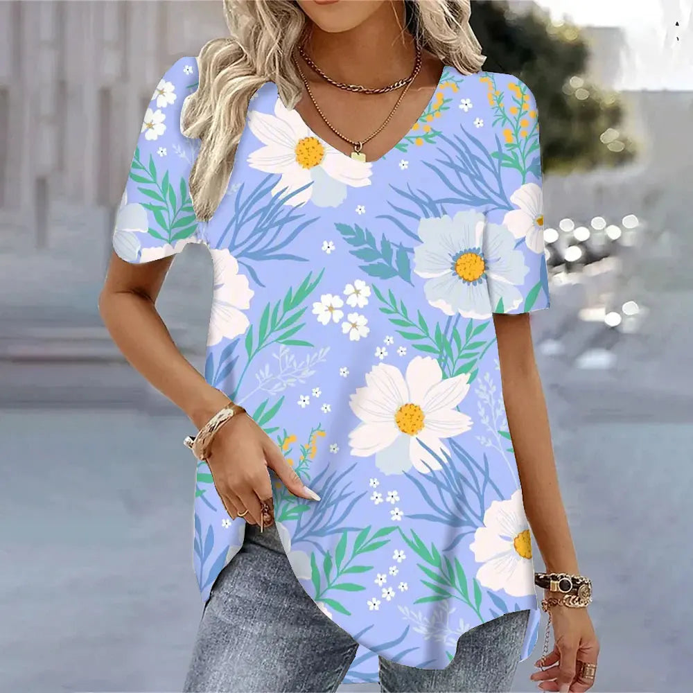 Butterfly Printed Short Sleeve T-shirt Korean Style Women's Clothes 2024 V-neck Short Sleeves Tees Shirt Loose Casual Blouses