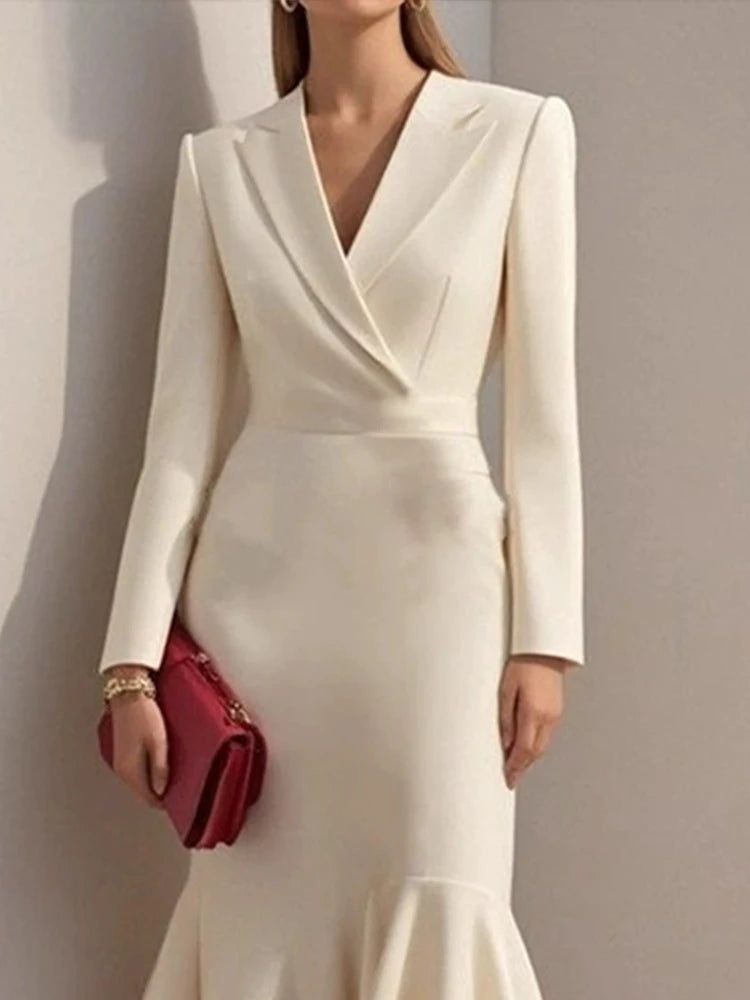 Lapel V-neck Fishtail Dress For Women Fashion Commute Hight Waist Solid Long Dress Casual Long Sleeve Ruffle Party Dress