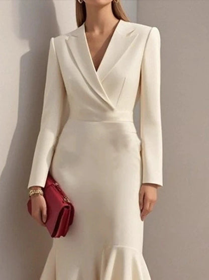 Lapel V-neck Fishtail Dress For Women Fashion Commute Hight Waist Solid Long Dress Casual Long Sleeve Ruffle Party Dress