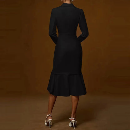 Lapel V-neck Fishtail Dress For Women Fashion Commute Hight Waist Solid Long Dress Casual Long Sleeve Ruffle Party Dress