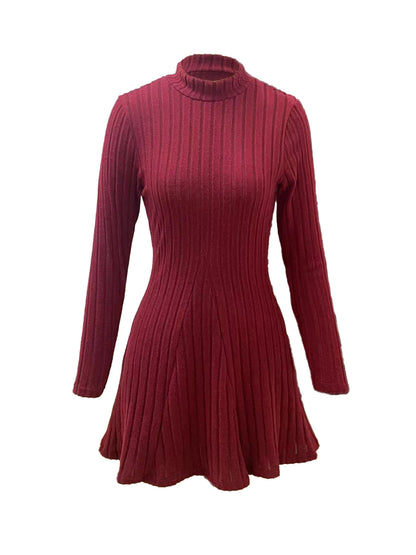 Women's slim fit half high collar waist cinched A-line skirt long sleeved pit stripe dress