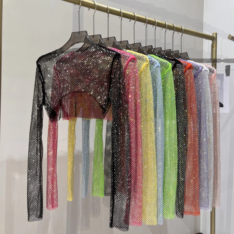 Bright diamond short top Slim thin Ms. hot drill long-sleeved T-shirt sexy leak waist nightclub