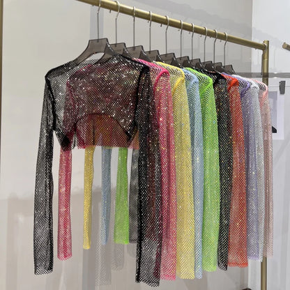 Bright diamond short top Slim thin Ms. hot drill long-sleeved T-shirt sexy leak waist nightclub