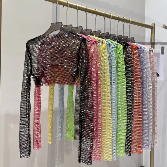 Bright diamond short top Slim thin Ms. hot drill long-sleeved T-shirt sexy leak waist nightclub