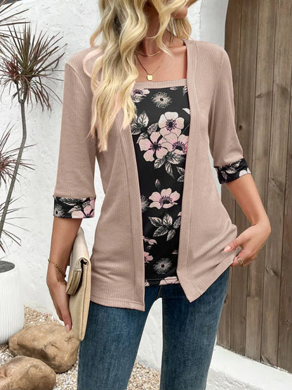 European,Clothes,Elastic,T-Shirt,Women,Chic,Sexy,Fake two pieces,Patchwork,Print,Tops,Half Sleeve,Loose,Tees,