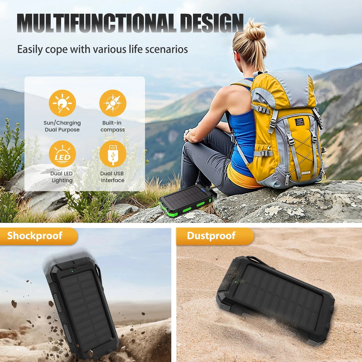 30000mAh Solar Power Bank Portable Charging Poverbank Dual 5V USB Ports 2 LED Light Flashlight for Iphone Outdoor Camping Hik