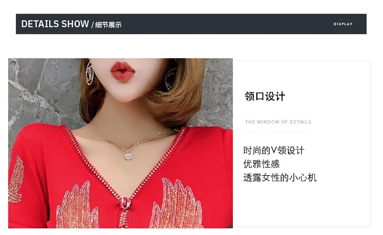 T-shirt For Summer Short Sleeve Pulovers Clothes Casual Aesthetic Cotton Tops Sexy V Neck Zipper Diamonds Tees