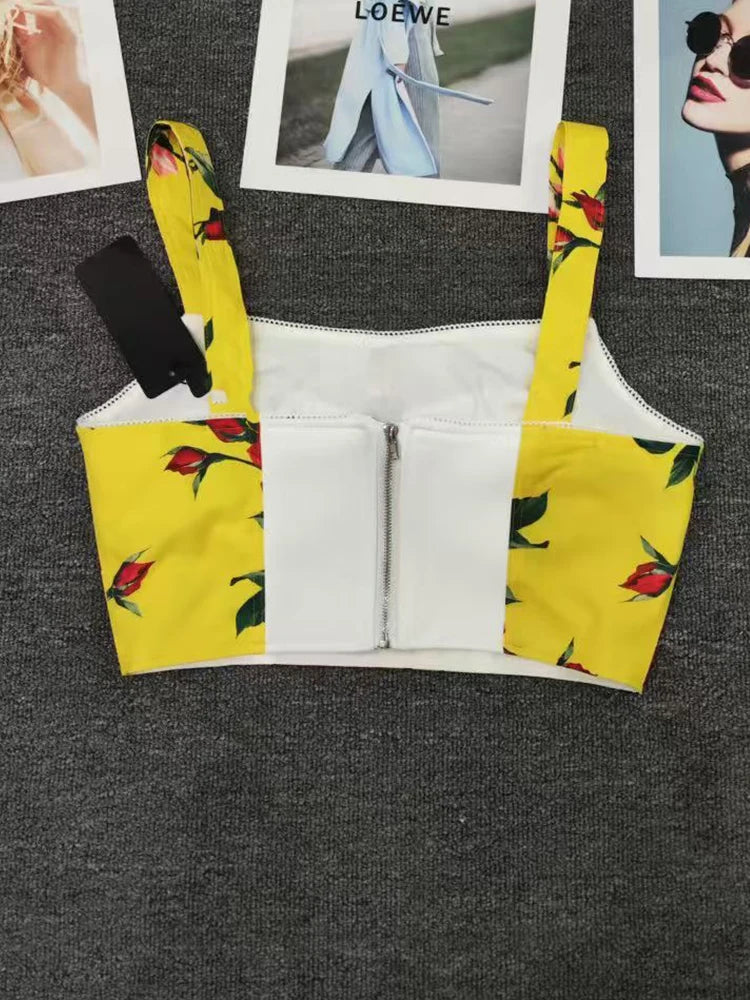 Elegant rose print sexy short tube top suspender top summer new female two-piece high waist pocket button big skirt fashion suit