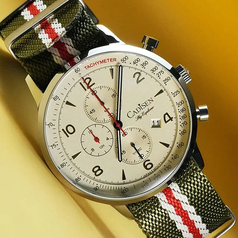 CADISEN New Men's Watches Top Luxury Quartz Watch For Men Canvas 0S10 Chronograph AR Mirror Waterproof Gift Men's Wristwatch