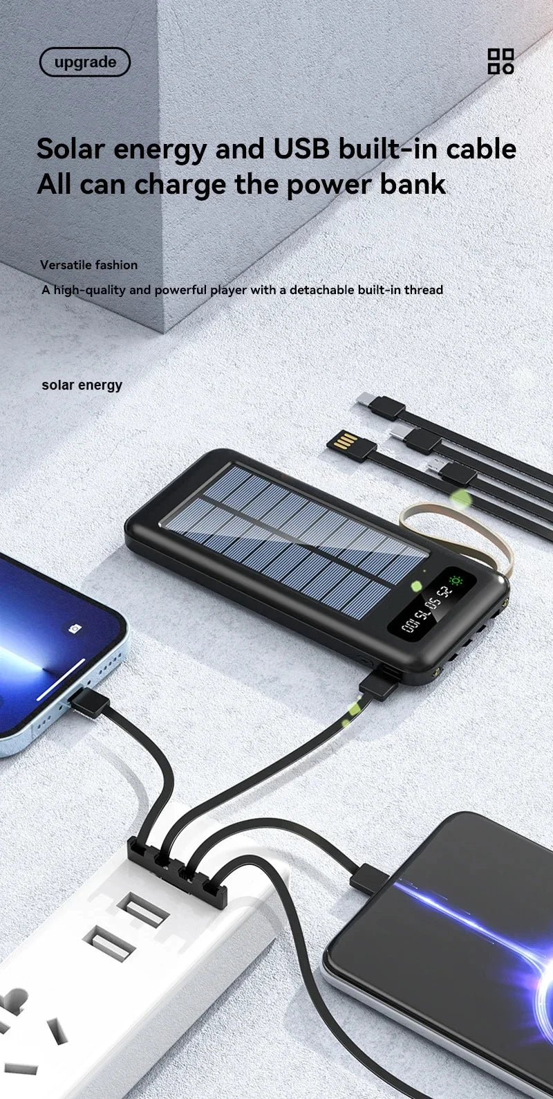 200000mAh Solar Power Bank Large Capacity Mobile Power Fast Charging Battery With Dual USB 4 Cables For iPhone Samsung
