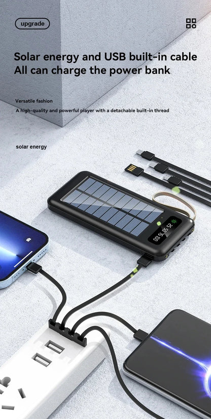 200000mAh Solar Power Bank Large Capacity Mobile Power Fast Charging Battery With Dual USB 4 Cables For iPhone Samsung