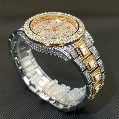 Diamond Wristwatch For Men Luxury 18K Gold Plated Quartz Watches Day Date Nightclub Party Watch Unisex Rapper Jewelry