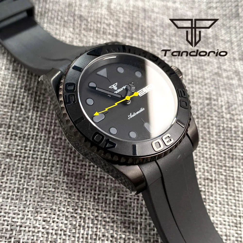 Tandorio NH36A Black PVD 40mm Automatic Men's Watch Week Date Display Rotating Bezel Sapphire Glass Yellow Flash Second Rubber