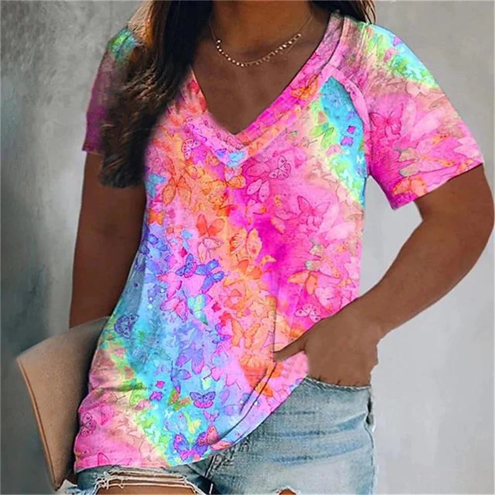 Colorful Tassels Print T-Shirt Fashion Women's Short Sleeve V-Neck T-Shirt Summer Casual Elegant Women's Large Size T-Shirt