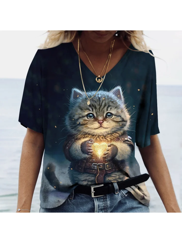 T-shirt Cat Print Short Sleeve Clothes Female Harajuku Tees Ladies T Shirt Oversized Tops Animal Women Clothing