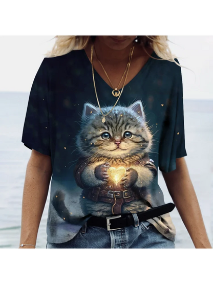 T-shirt Cat Print Short Sleeve Clothes Female Harajuku Tees Ladies T Shirt Oversized Tops Animal Women Clothing