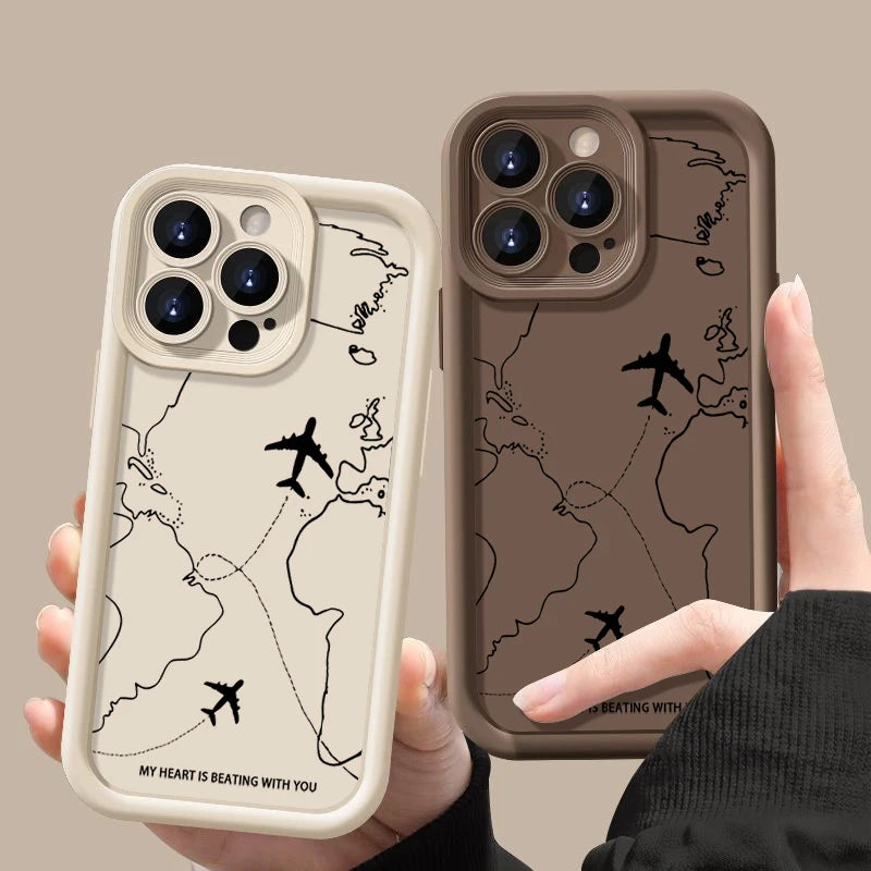 Airplane Route Pattern Phone Case For iPhone 17 Air 16e 16 15 14 Pro Max 13 12 Pro 11 15 Plus Shockproof Soft Silicone Cover