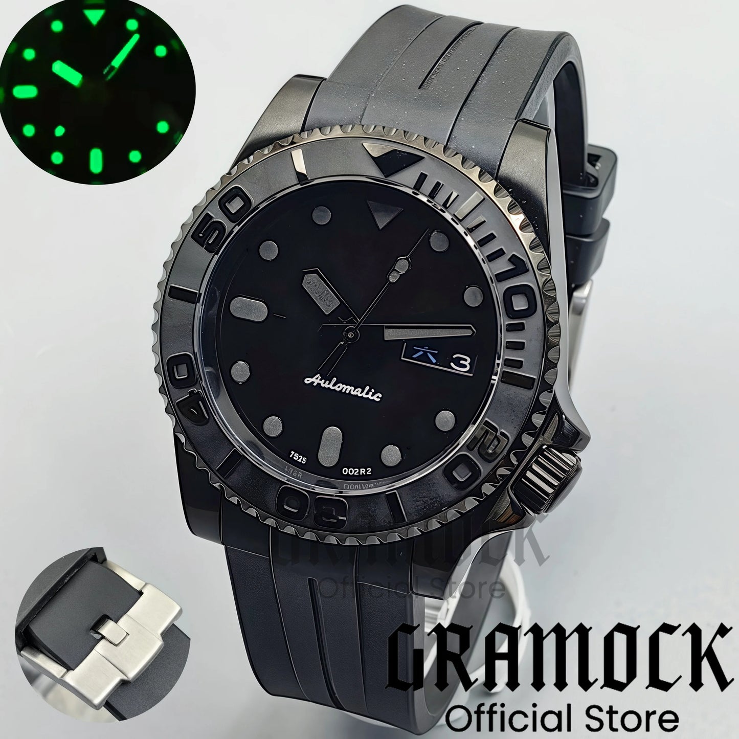 Gramock 40mm Men's Watch NH36 Movement Week-day Display Function Full Black Dial PVD Case Curved End Rubber Strap Waterproof