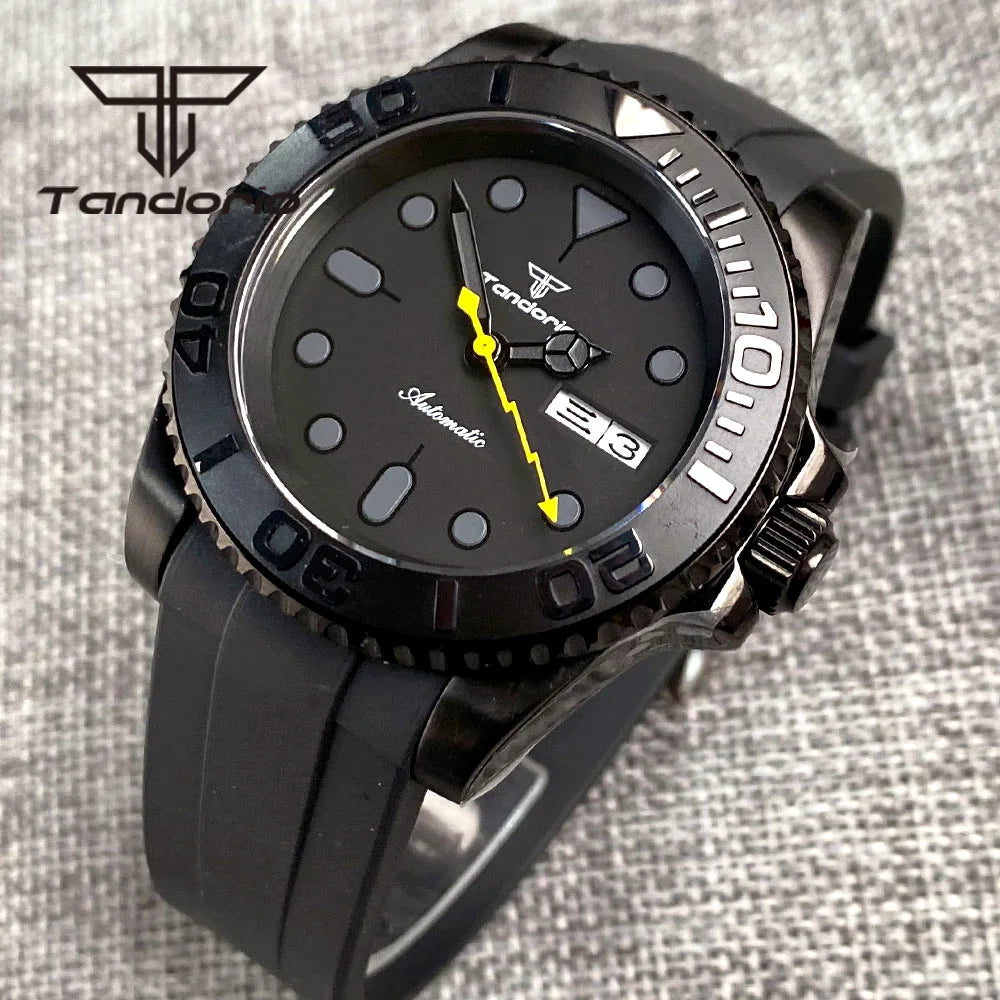 Tandorio NH36A Black PVD 40mm Automatic Men's Watch Week Date Display Rotating Bezel Sapphire Glass Yellow Flash Second Rubber