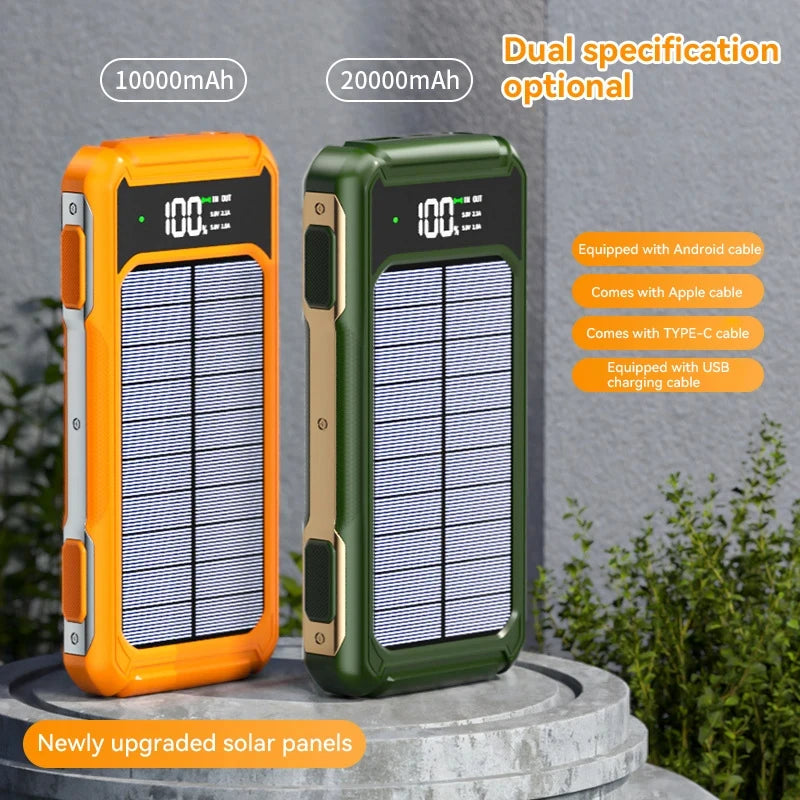 200000mAh Large Capacity Solar Power Bank 4 in 1 Built in Cable  Fast Charging Digital Display Battery LED Light For iPhone NEW
