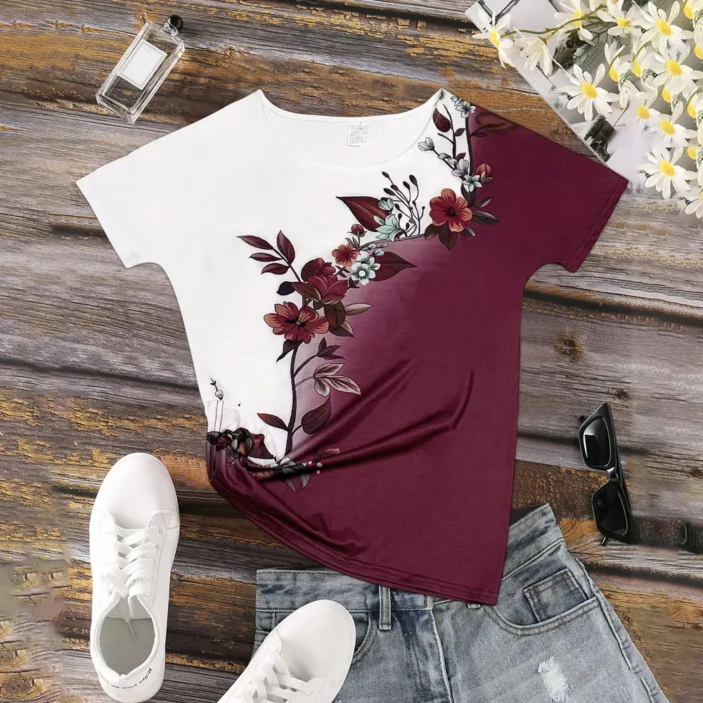 T-shirt Summer Fashion Short sleeved Top Flower Print Loose Clothing Women's Party T-shirt