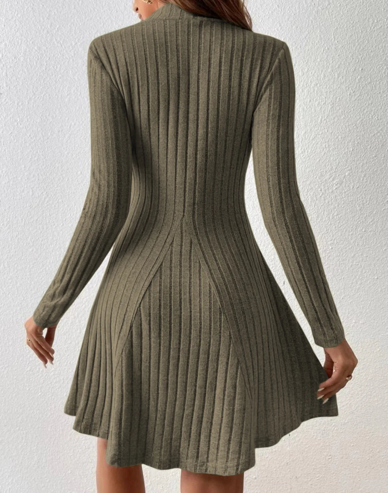 Women's slim fit half high collar waist cinched A-line skirt long sleeved pit stripe dress