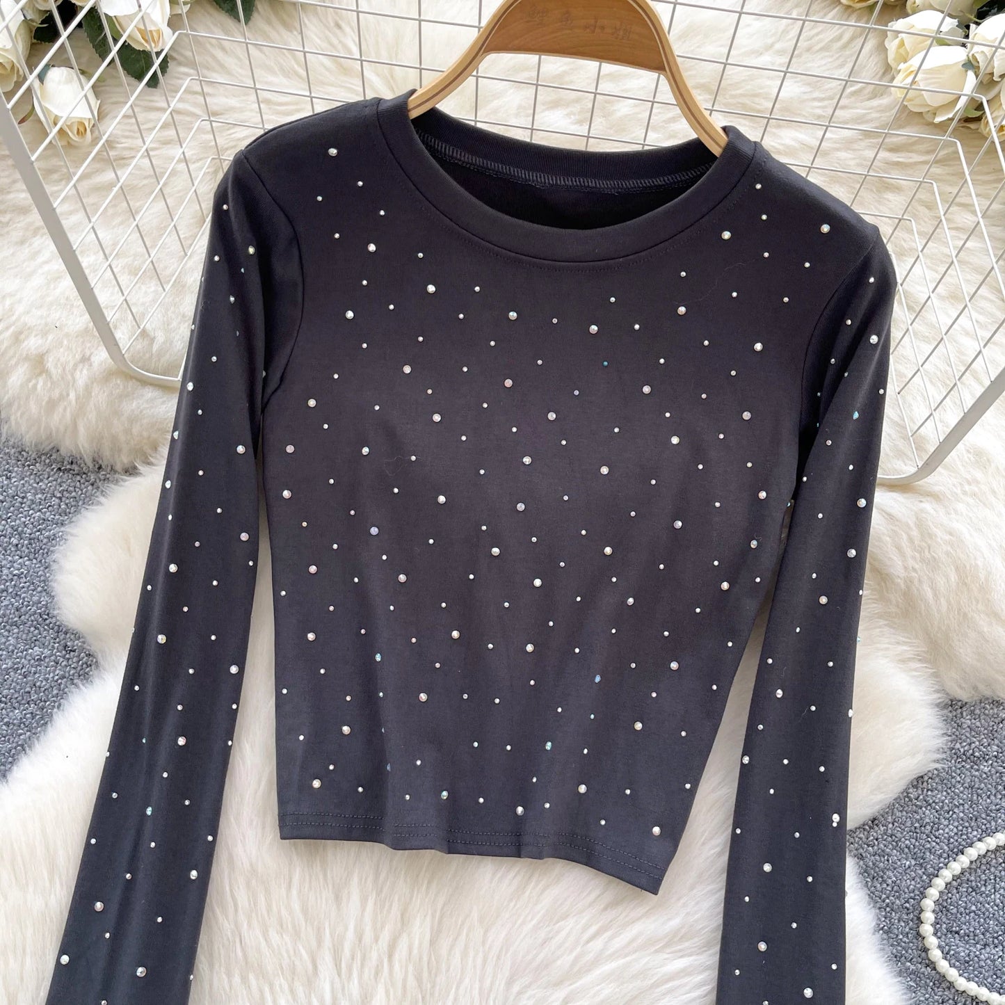 Long Sleeves Hotsweet O-neck Fashion Rhinestone Slim Top French Streetwear Sexy High Street Autumn Winter Women T-Shirts