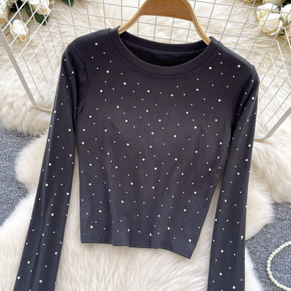 Long Sleeves Hotsweet O-neck Fashion Rhinestone Slim Top French Streetwear Sexy High Street Autumn Winter Women T-Shirts