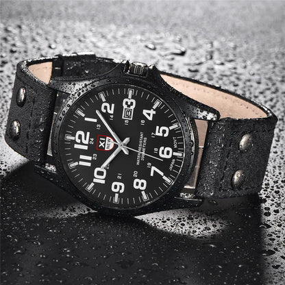 Genuine XINEW Brand Men Watches Black Students Fashion Leather Band Sports Date Quartz Wrist Watch Montre Homme Reloj Hombre