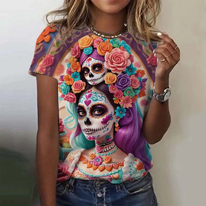 T-shirt for Girls Summer Short Sleeve Casual Sexy Girls Clothes Horror Undead Skull Pattern oversized T-shirts