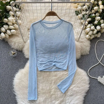 T-shirts Women Cropped Sequins Slim Sheer Solid Spring Summer Sexy Style Cozy Thin O-neck Clubwear European